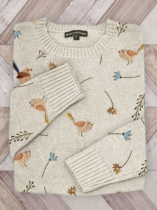 Pull en tricot douillet à motif de broderie florale d'oiseaux