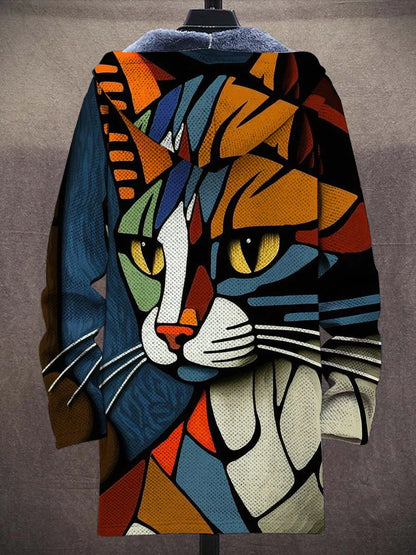 Garfi - Manteau Cardigan unisexe à manches longues en peluche imprimé chat d'art abstrait